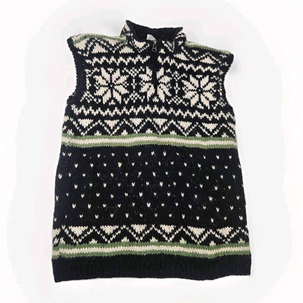 Vtg Ginger Blossom Ethnic Arts Wool Full Zip Sweater Vest Mens Sm Black Fairisle